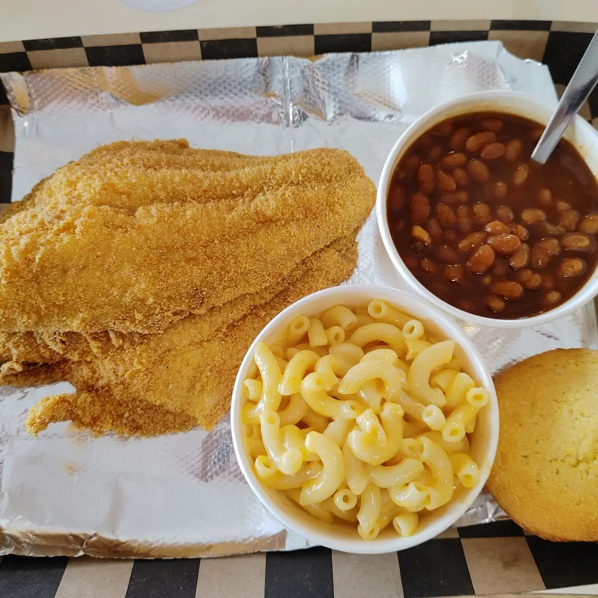 Catfish Macaroni and Cheese BBQ Baked Beans and a Corn Muffin