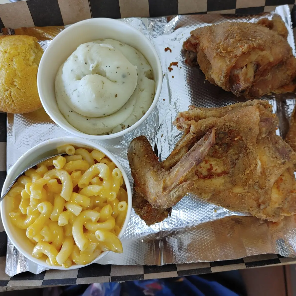 Fried Chicken Mashed Potatoes Macaroni and Cheese and a Corn Muffin