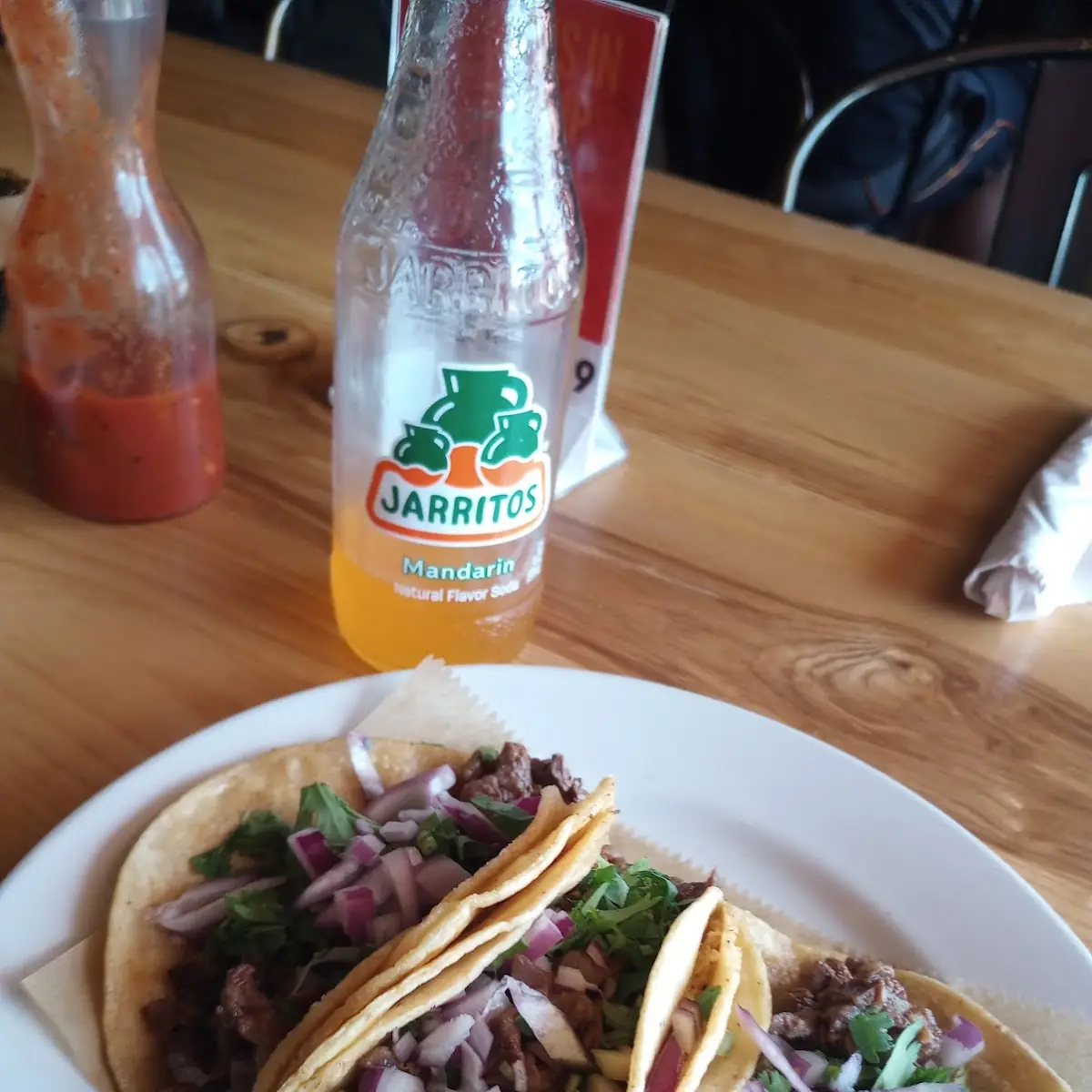 3 Regular Steak Tacos with Mandarin Jarritos and Chips and Salsa