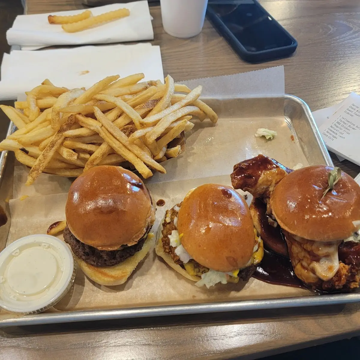 BBQ Chicken Slider Tarheel Burger Yellowstone Cowboy Burger Natural Cut Fries