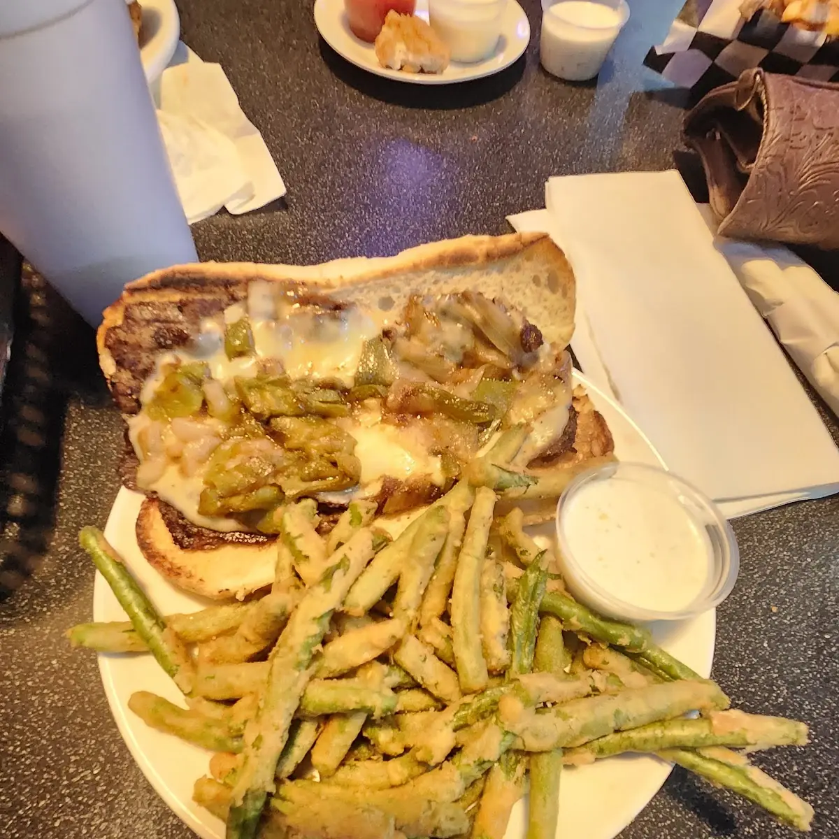 Philly Cheesesteak Sandwich and Fried Green Beans