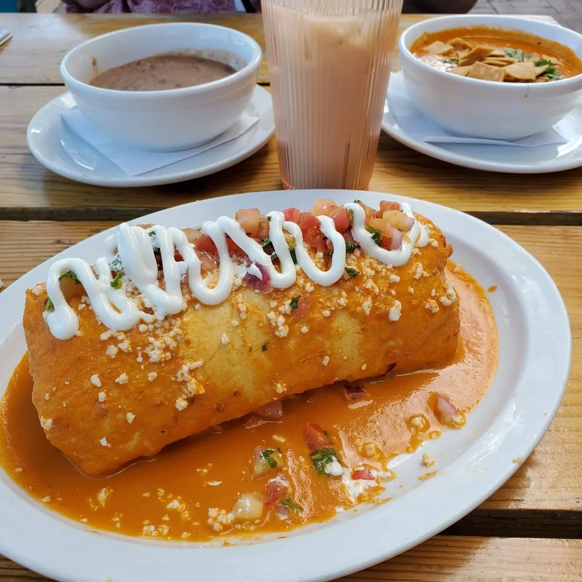 Chicken Tinga Refried Beans Tortilla Soup and Horchata