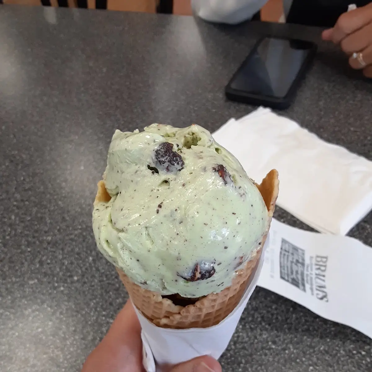 Pistachio Almond Chocolate Chip Waffle Cone