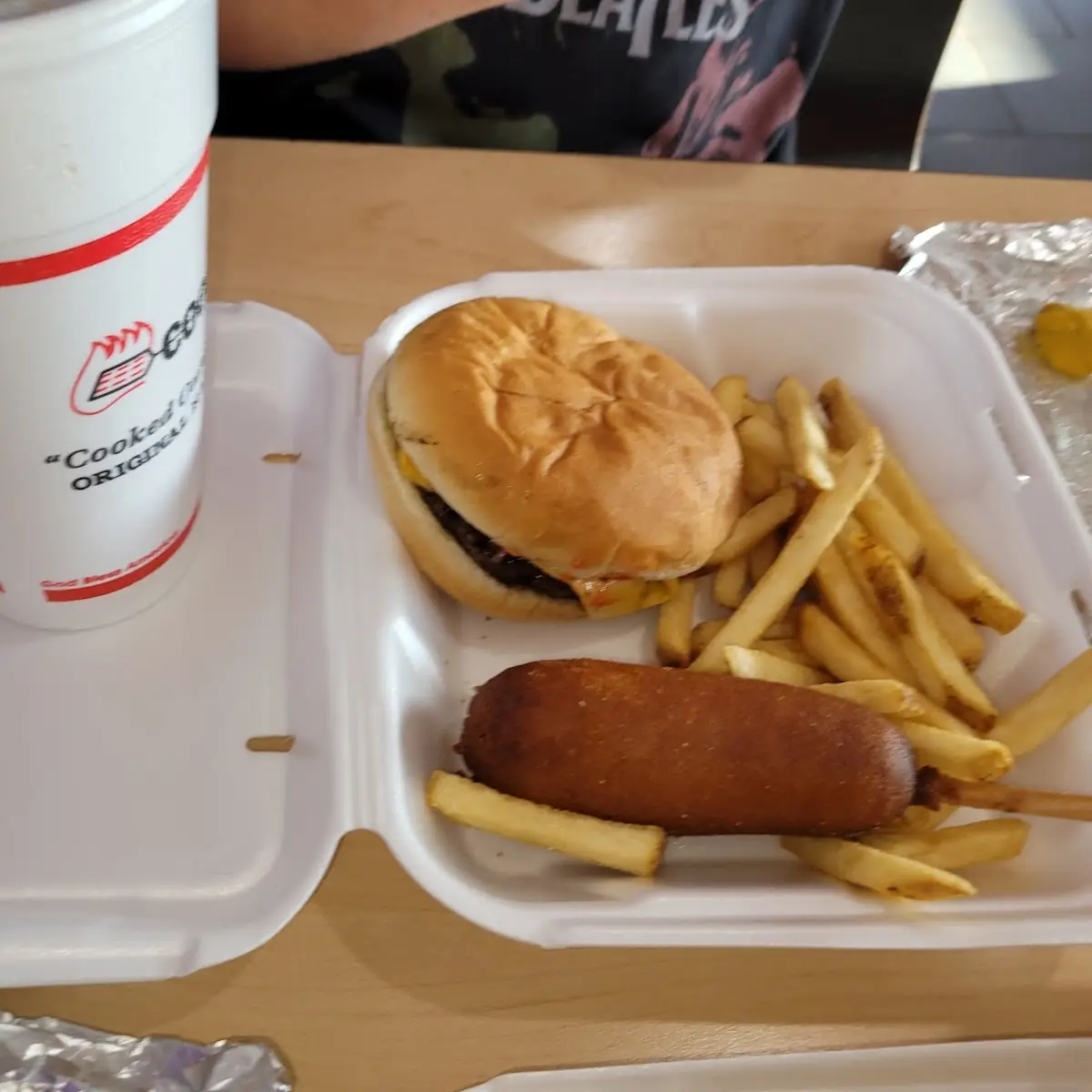 Cheeseburger Corn Dog Fries and Lemonade