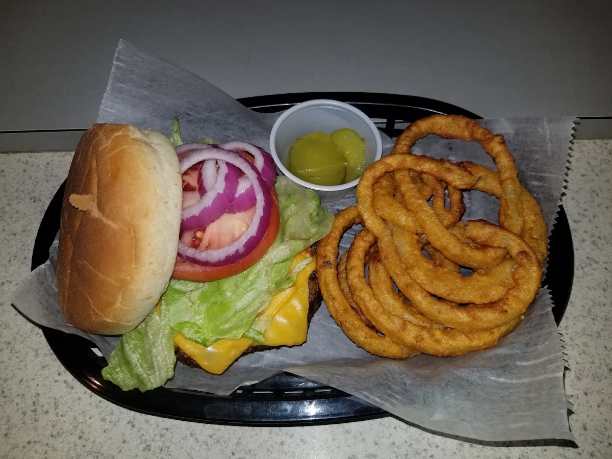 Steak Burger with Cheese and Onion Rings