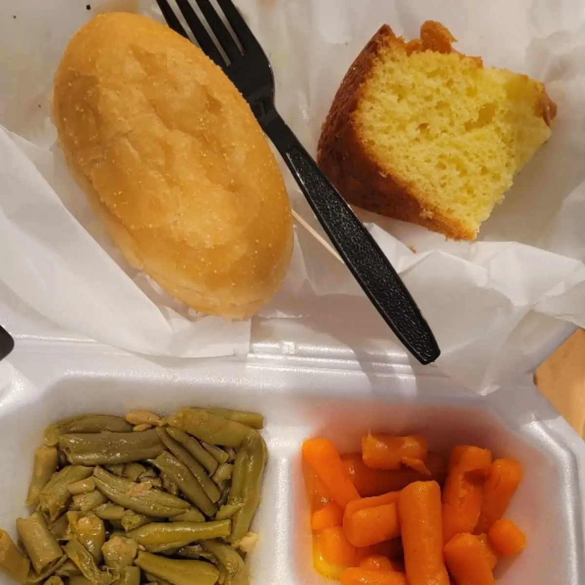 Cornbread Dressing Baked Chicken Green Beans Carrots Cake and Soft Roll