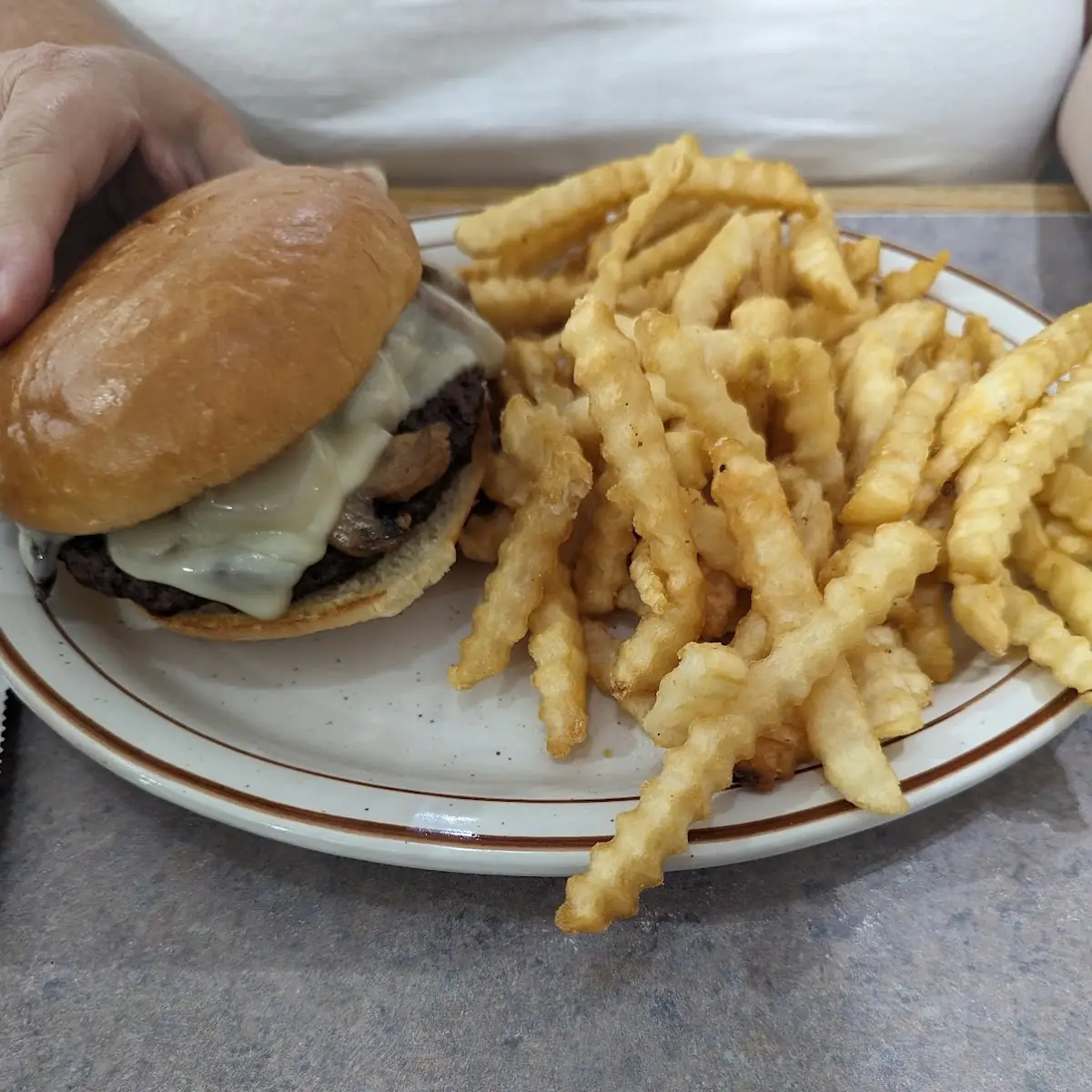 Mushroom Swiss Burger and Fries