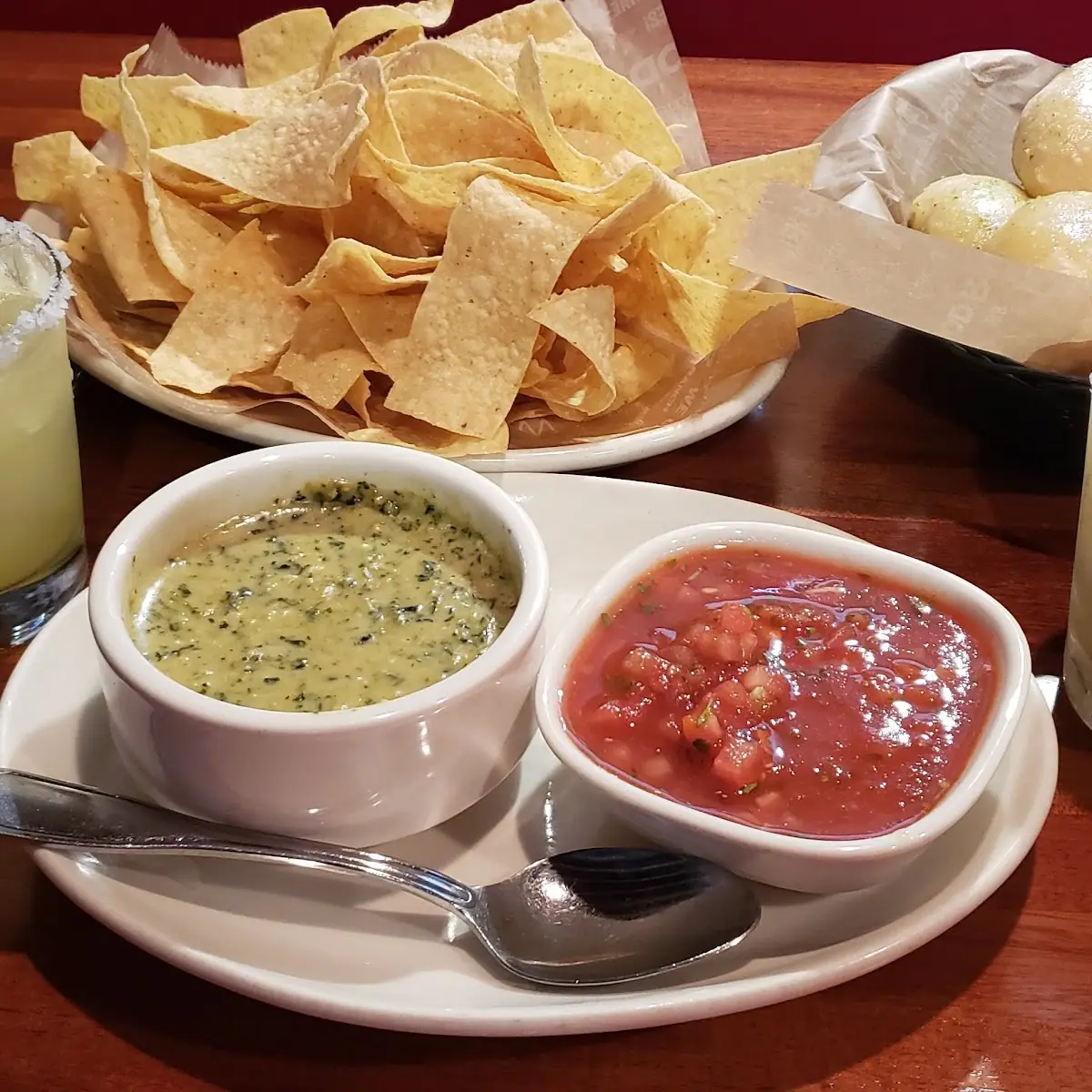 Spinach Dip and Salsa with Chips Appetizer