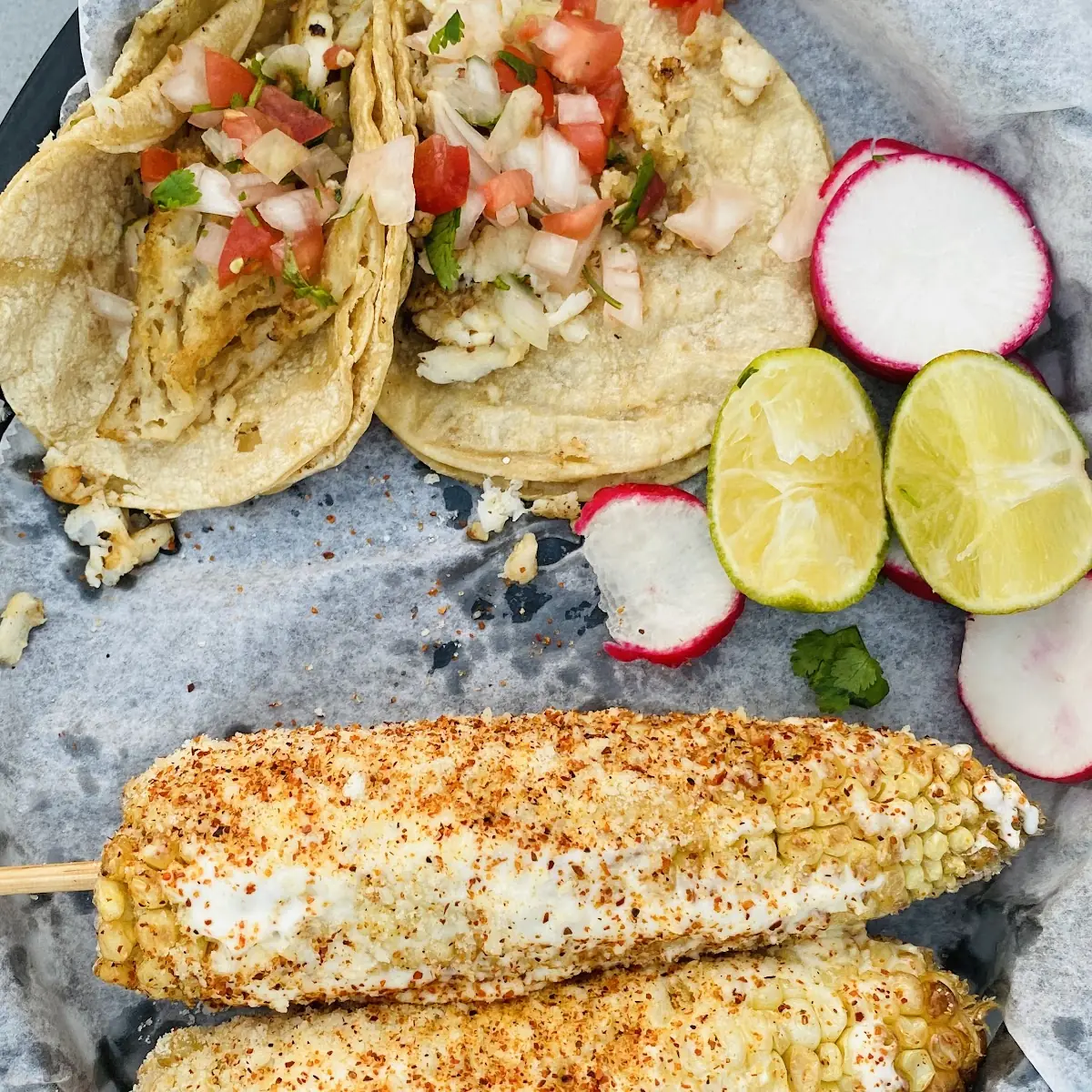 Tacos and Mexican Street Corn