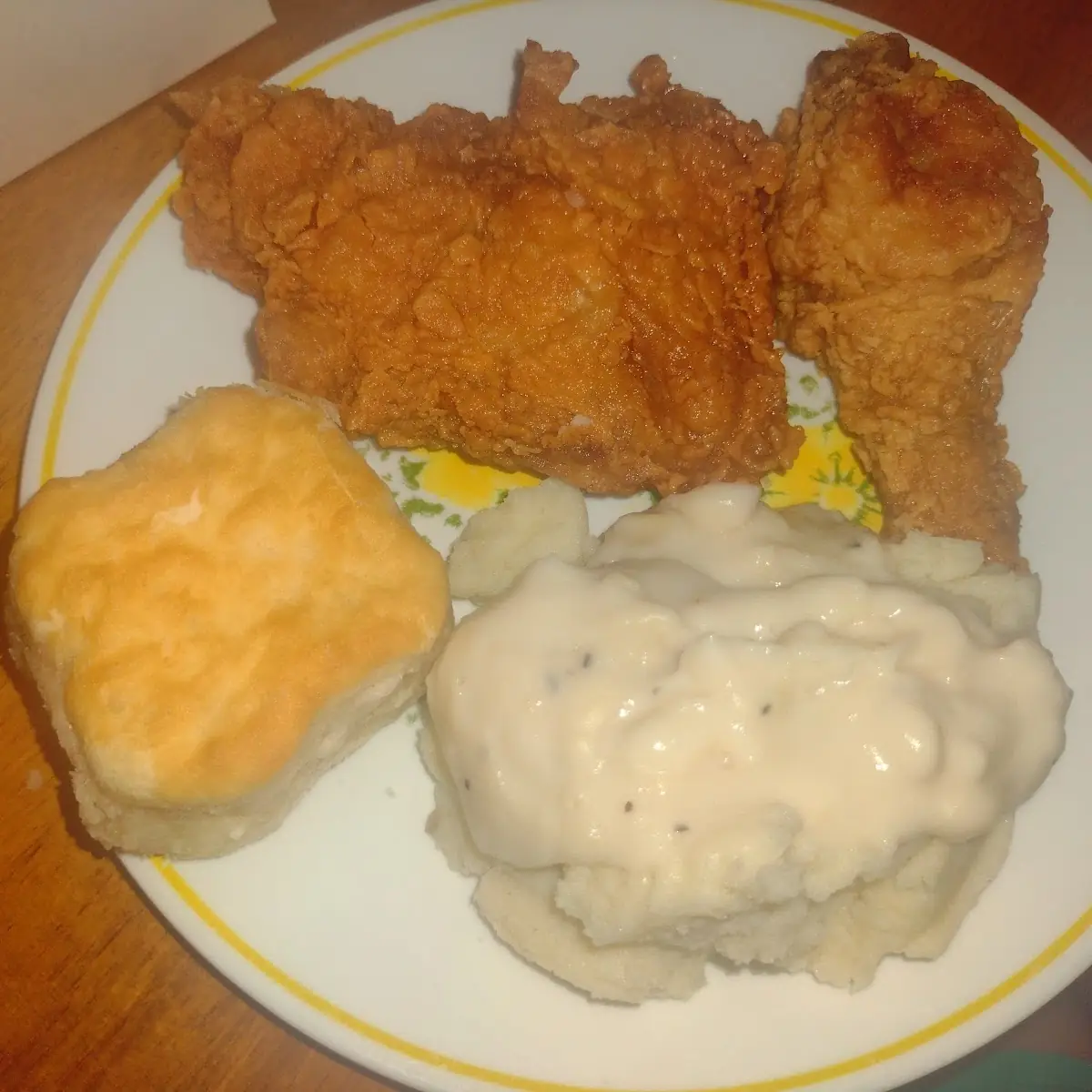 Fried Chicken Mashed Potatoes Gravy and Biscuit