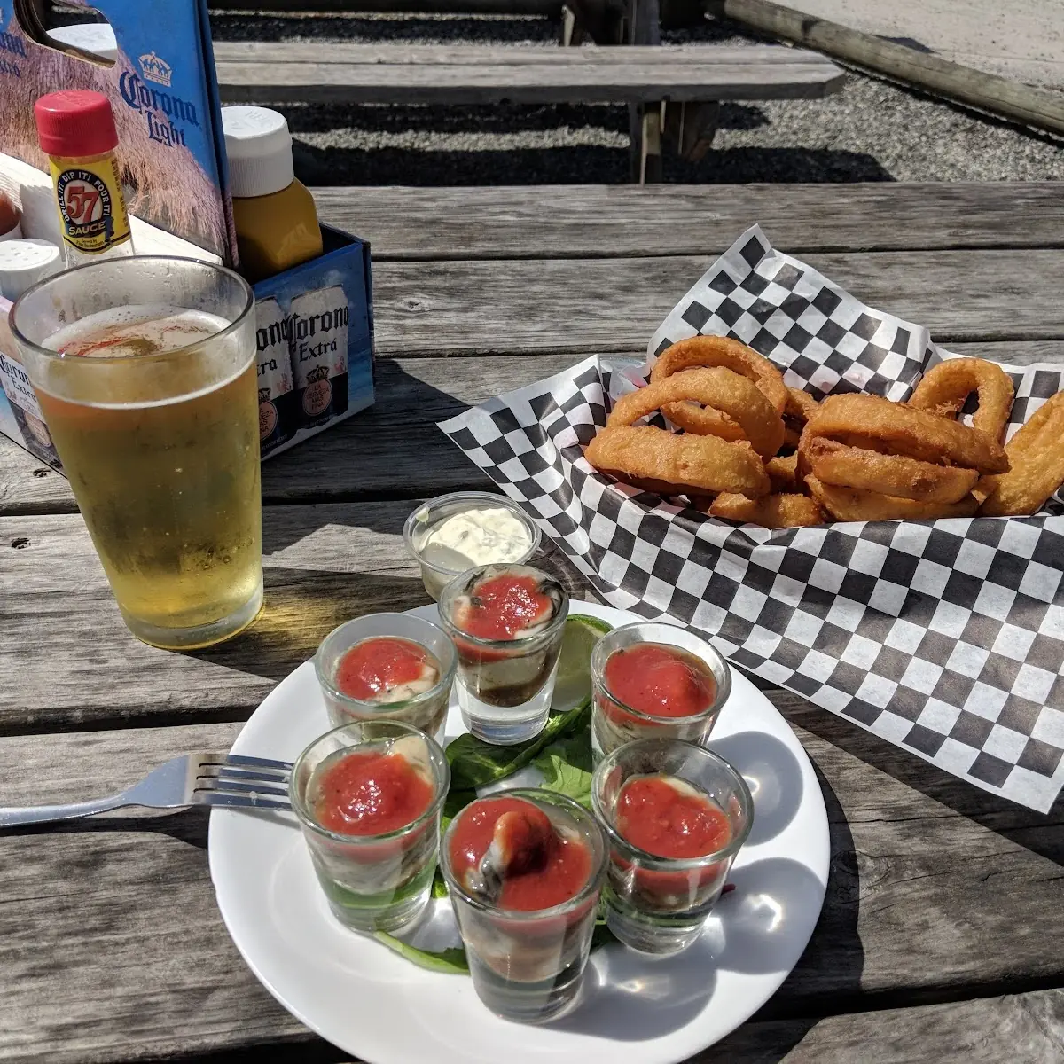 Oyster Shooters with Onion Rings