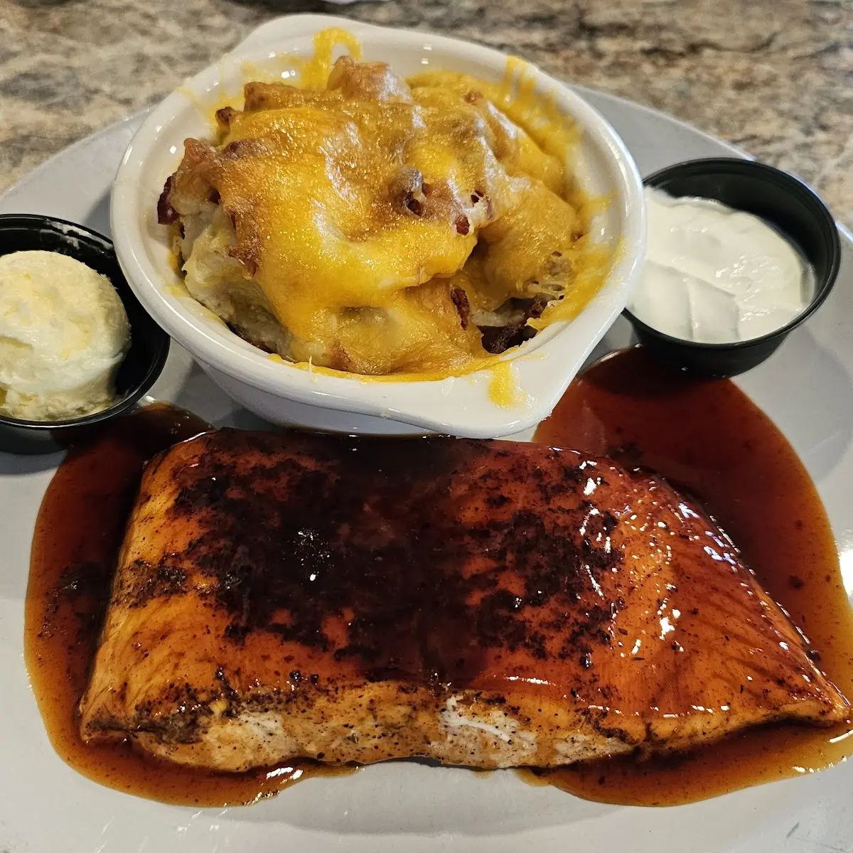 Bourbon Grilled Salmon with Loaded Mashed Potatoes