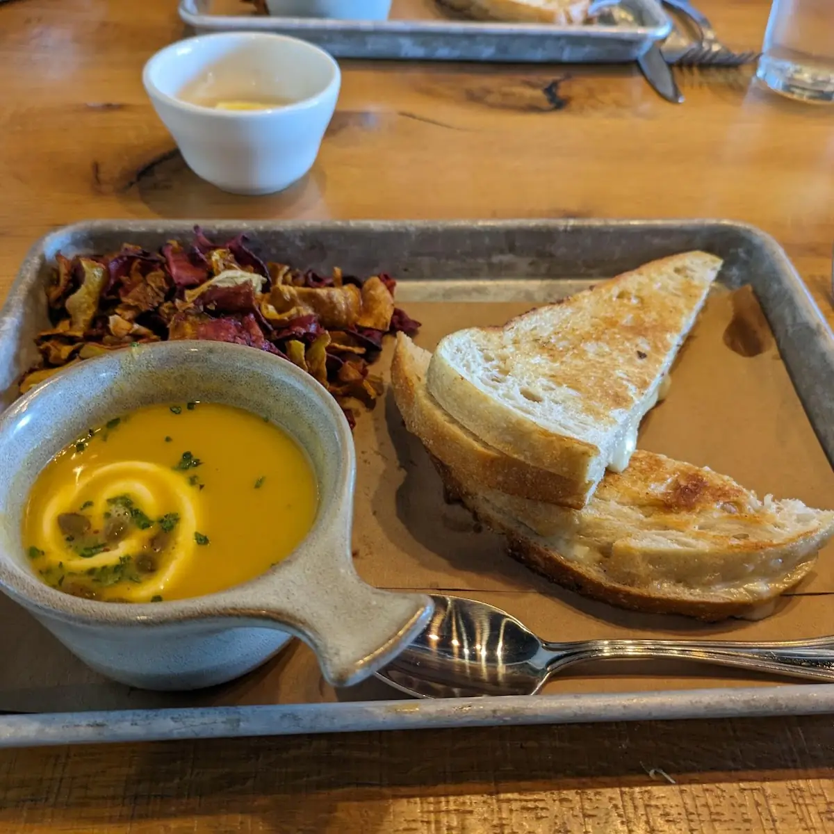 Fall Brie Grilled Cheese and Butternut Squash Soup with Beet Chips