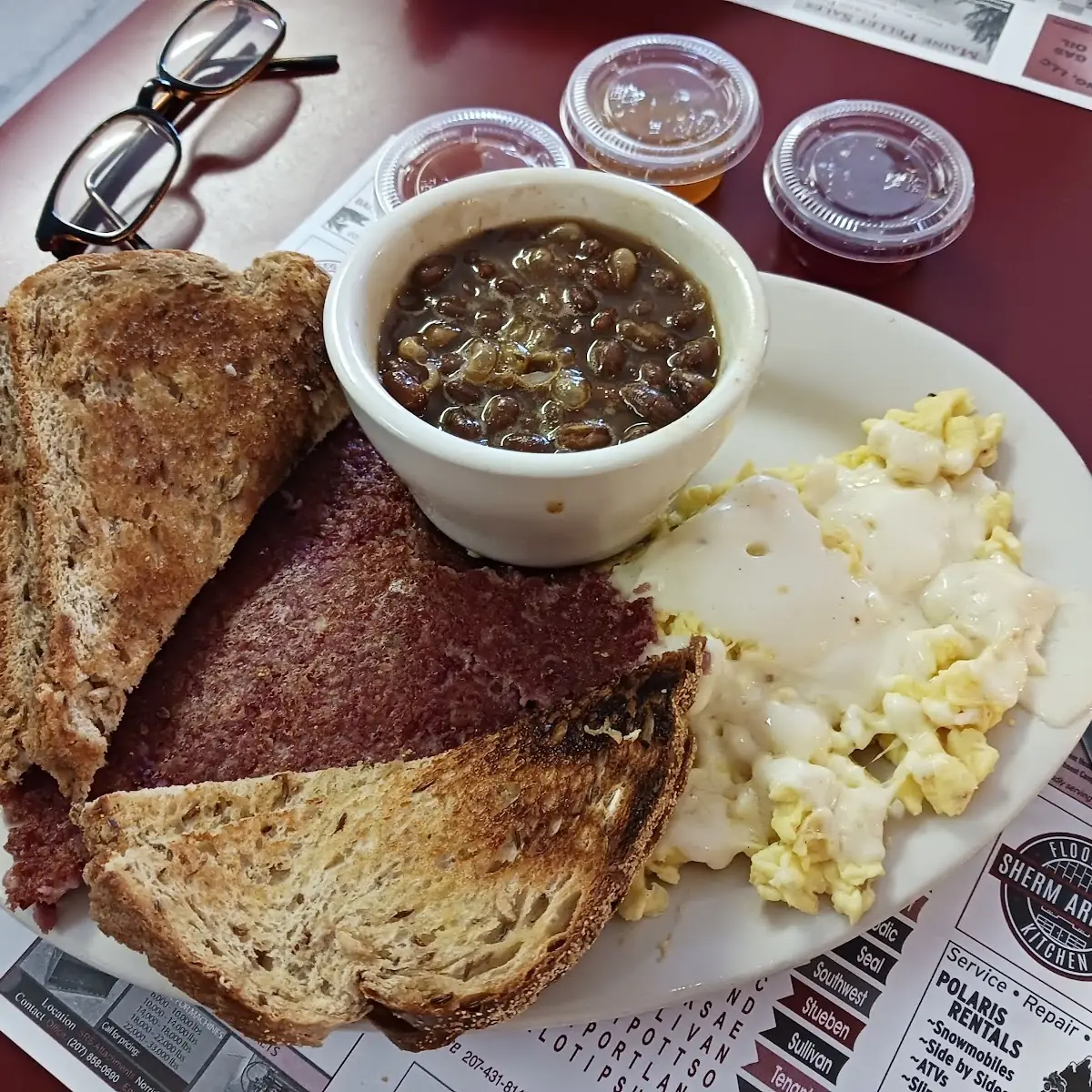 Scrambled Eggs & Cornbeef Hash w Homemade Baked Beans