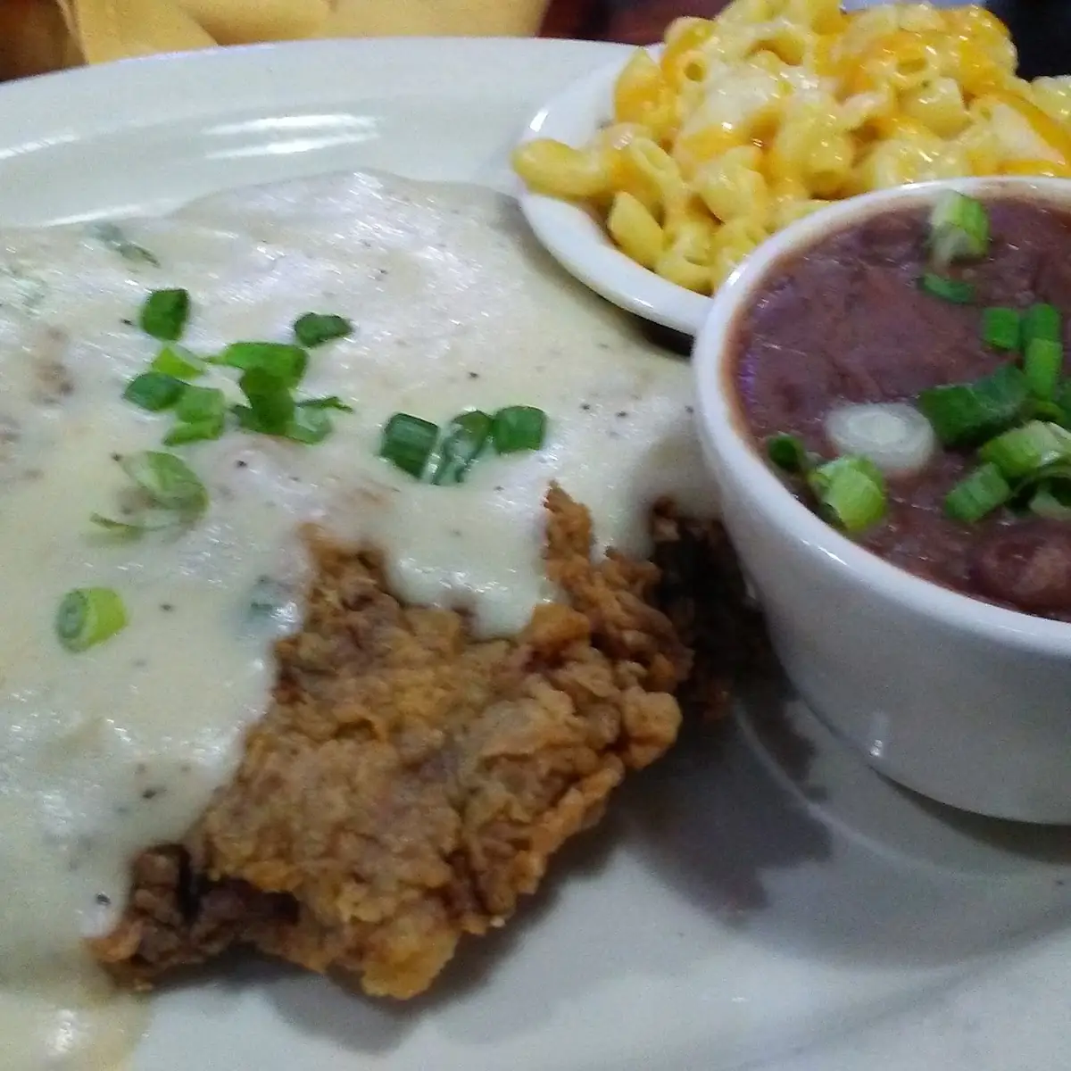 Chicken Fried Steak with Red Beans and Mac N Cheese