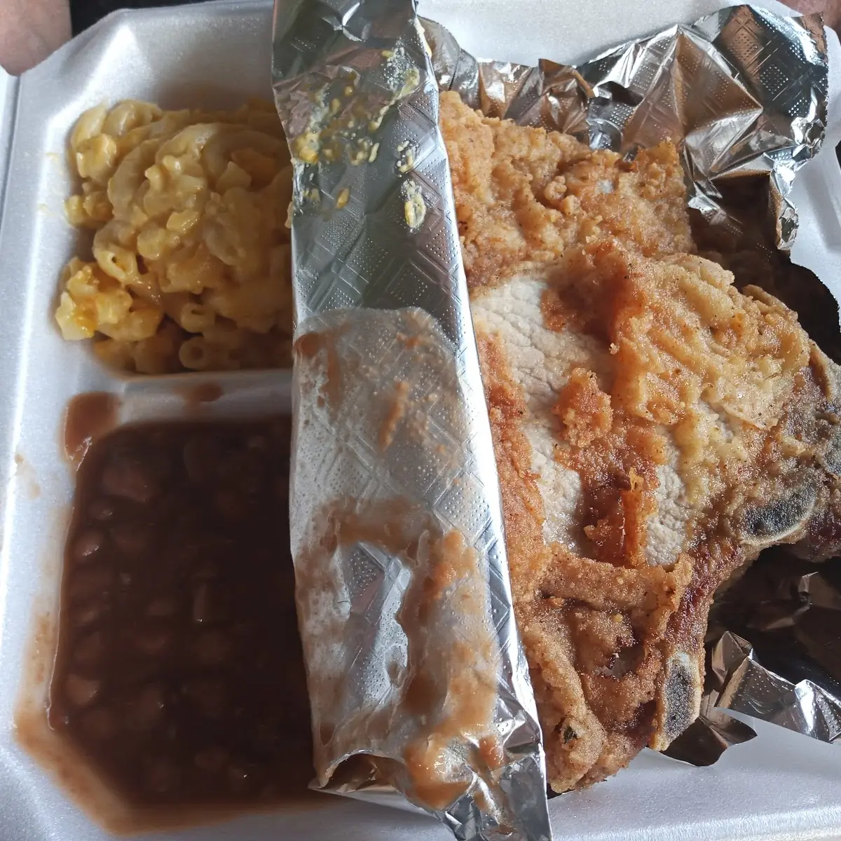 Fried Pork Chop Pintos Mac & Cheese
