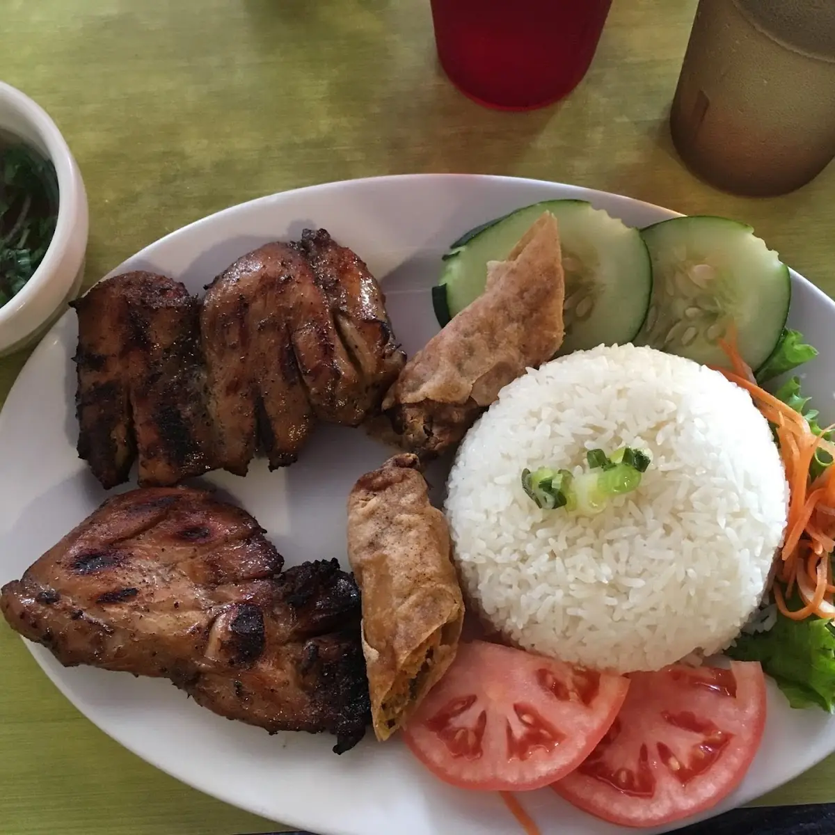 Grilled Chicken and Fried Egg Roll Rice Platter
