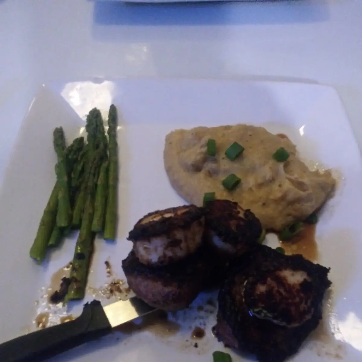 Blackened Filet and Blackened Scallops with Garlic Mashed Potatoes and Asparagus