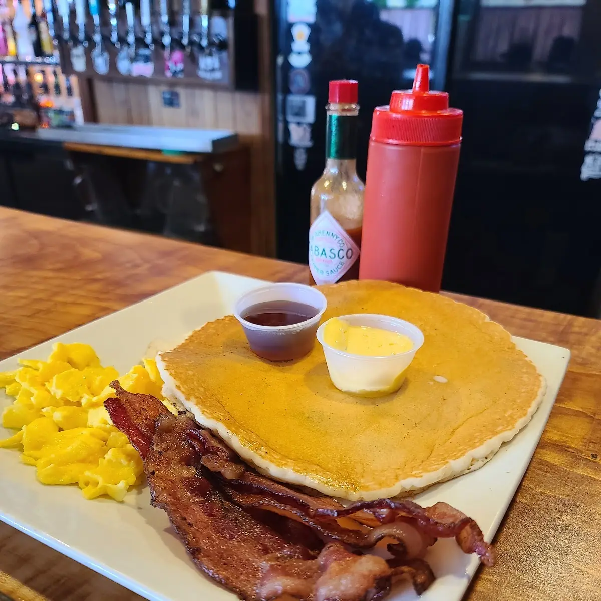 Blueberry Pancakes w Eggs & Bacon