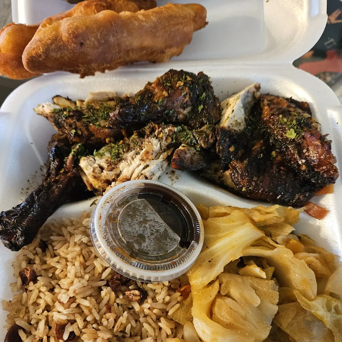 Jerk Chicken w Rice & Peas & Cabbage