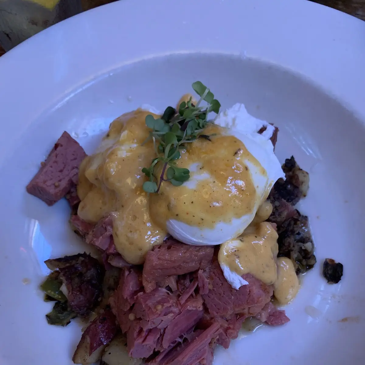 Corned Beef Brisket Hash with 2 Poached Eggs and Hollandaise