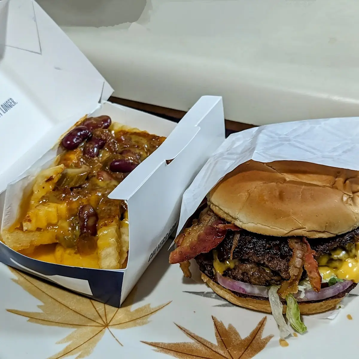 Double Butter Bacon Cheeseburger & Chili Cheese Fries