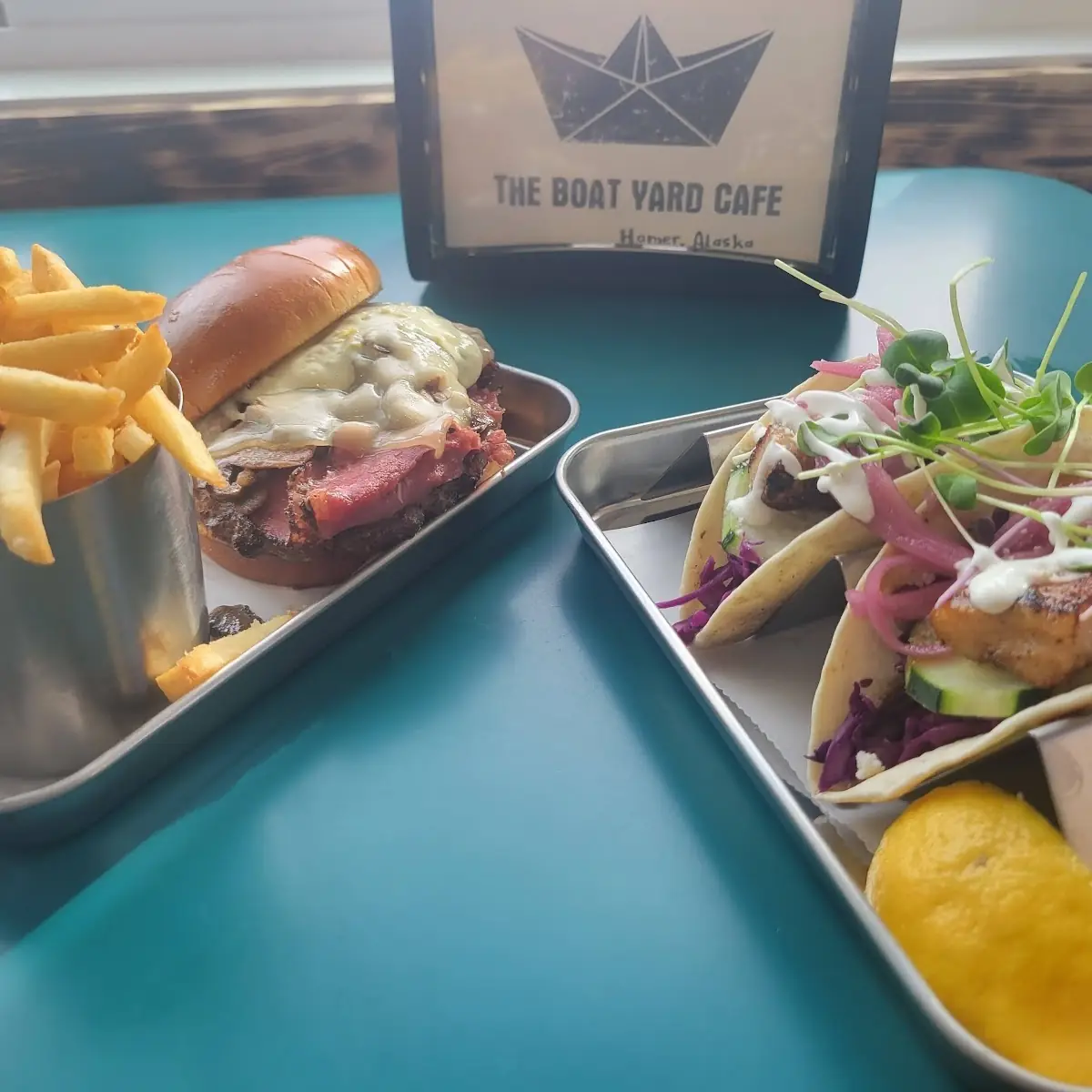 Pastrami Burger and Fish Tacos