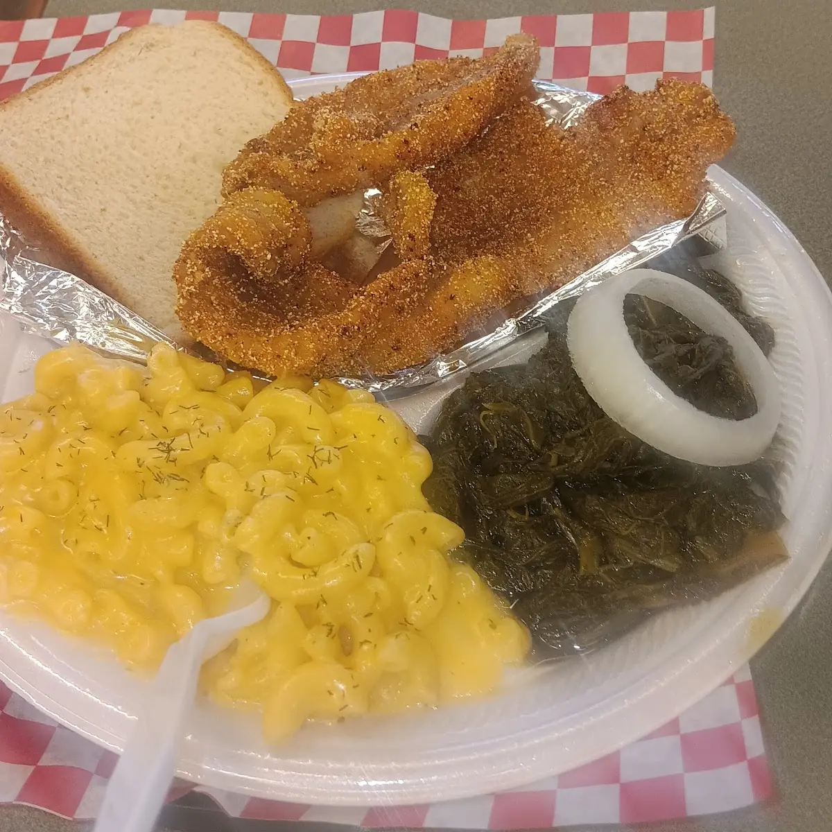 Catfish Mac and Cheese Greens