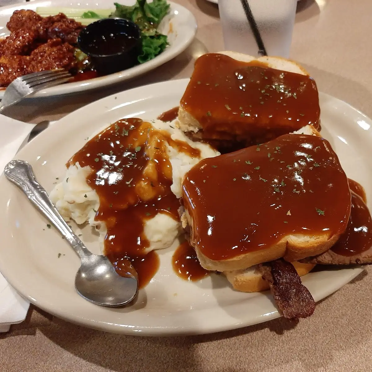 Hot Roast Beef with Mashed Potatoes and Coleslaw