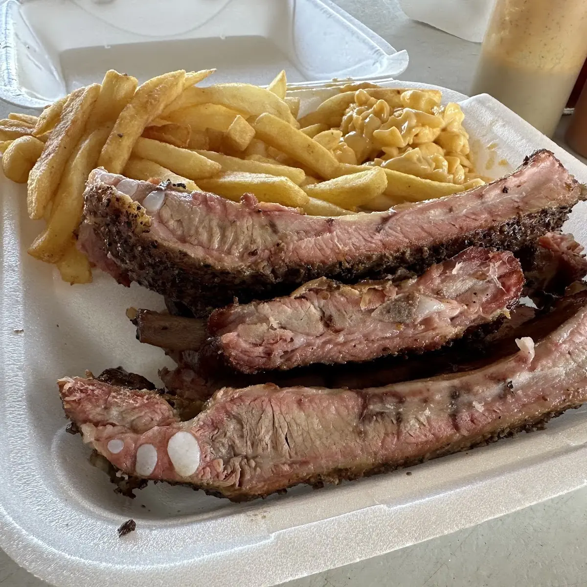 Ribs Fries and Mac and Cheese