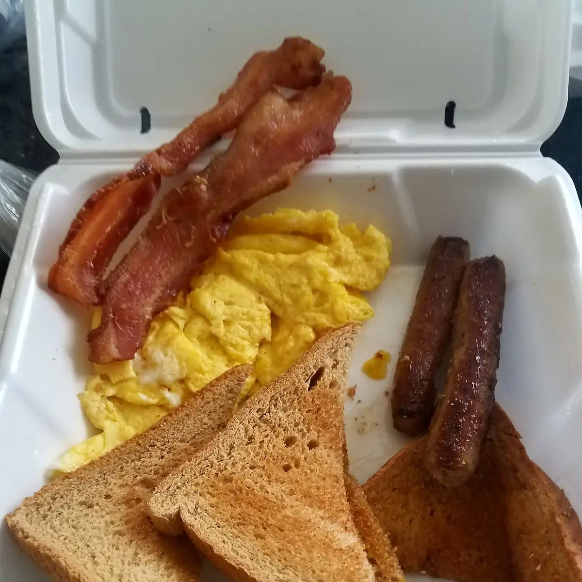 Egg Bacon Sausage Links and Toast