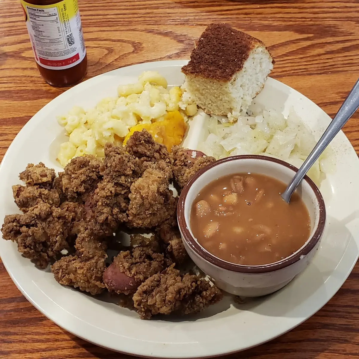 Fried Chicken Livers with Pinto Beans Mac & Cheese and Cabbage
