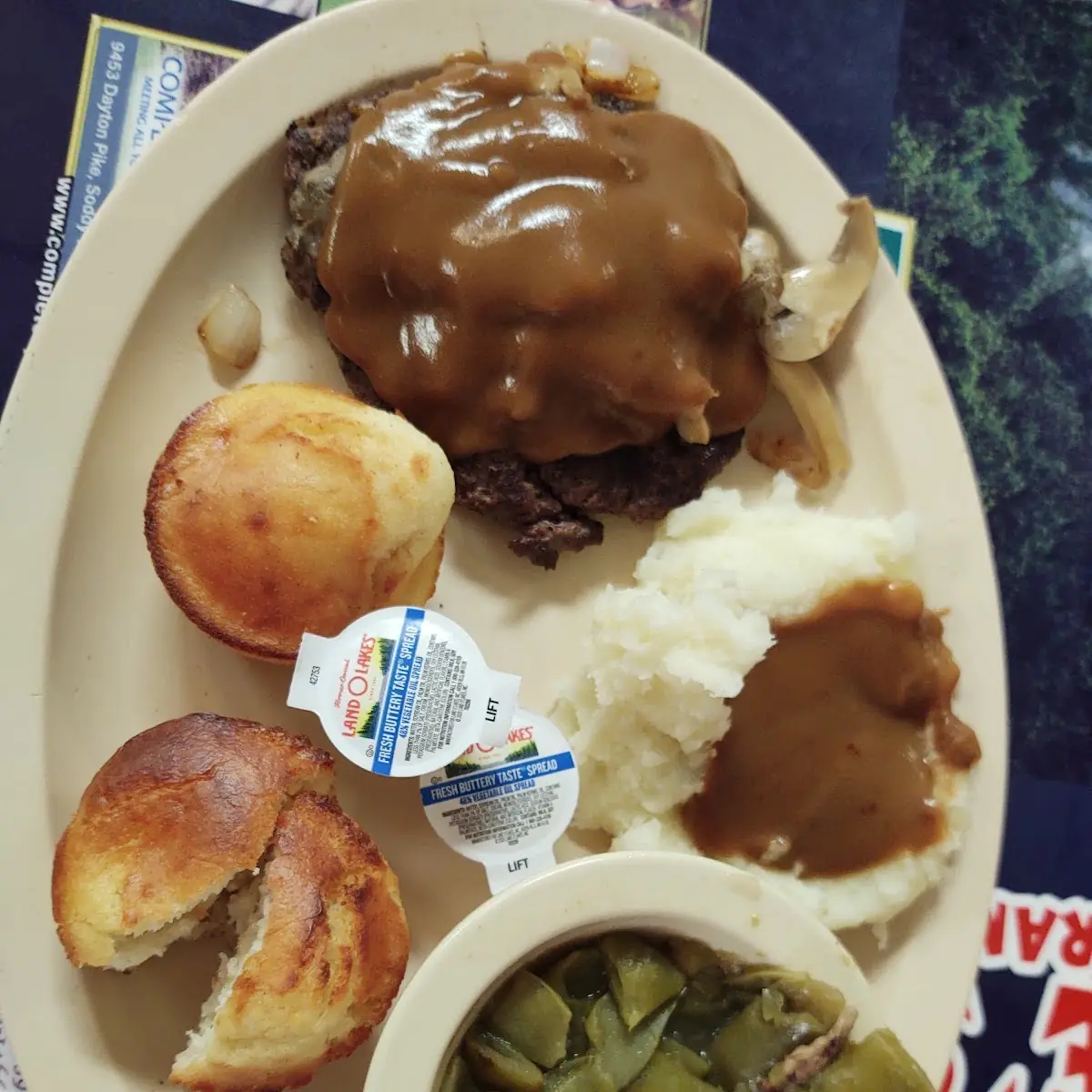 Hamburger Steak Mashed Potatoes Green Beans and Cornbread