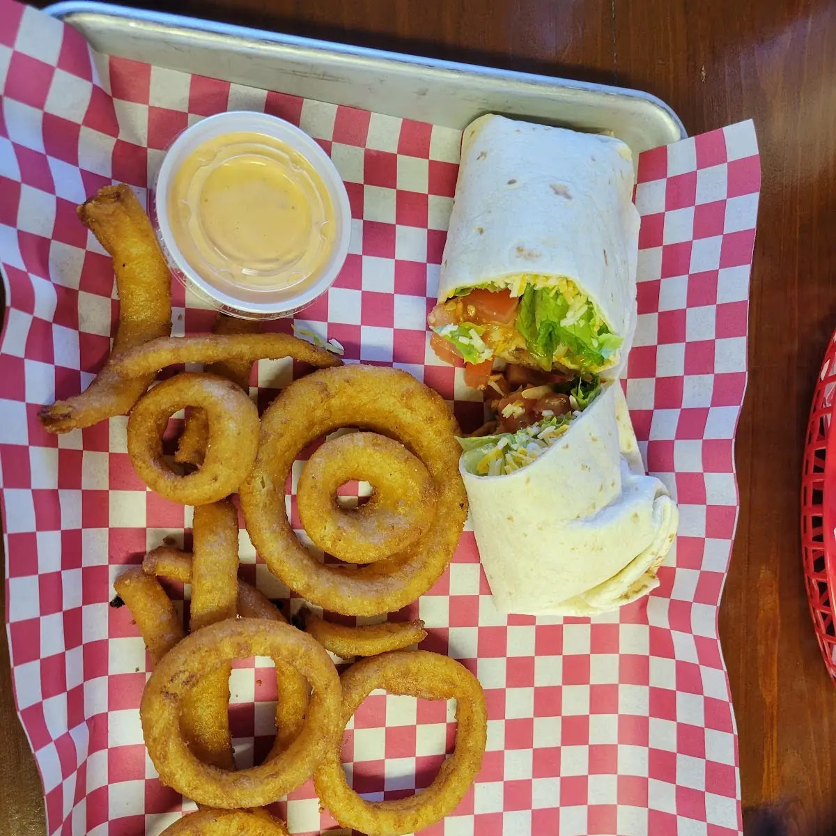 Buffalo Chicken Wrap with Onion Rings