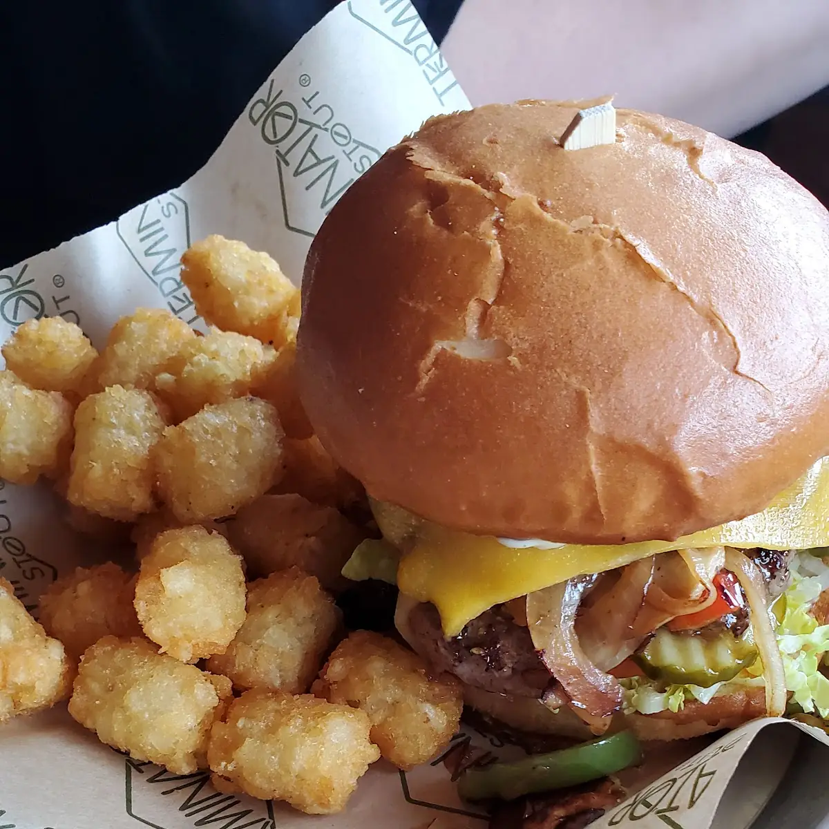Blue Cheese Bacon Burger with Cajun Tots