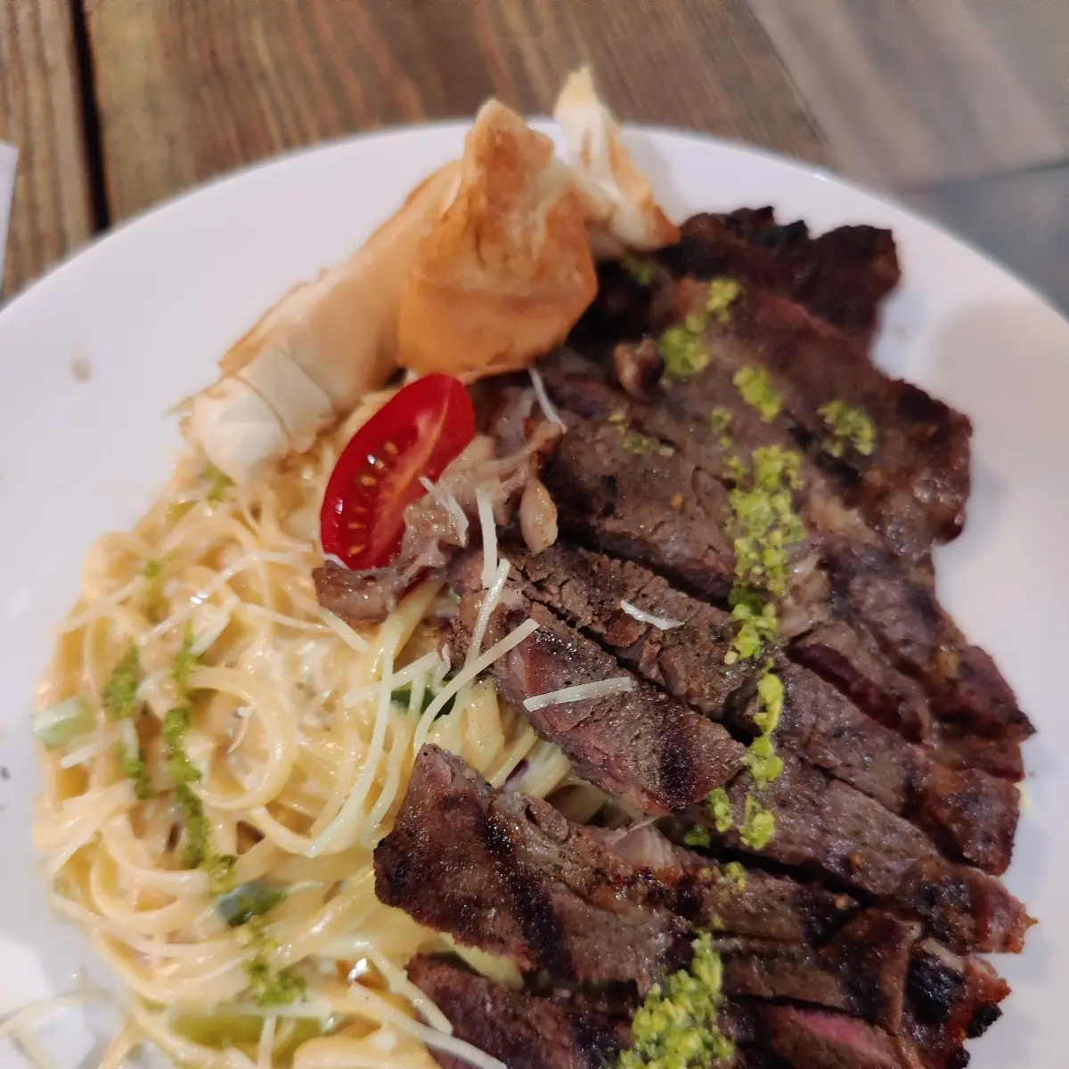 Ribeye with Pasta Carbonara
