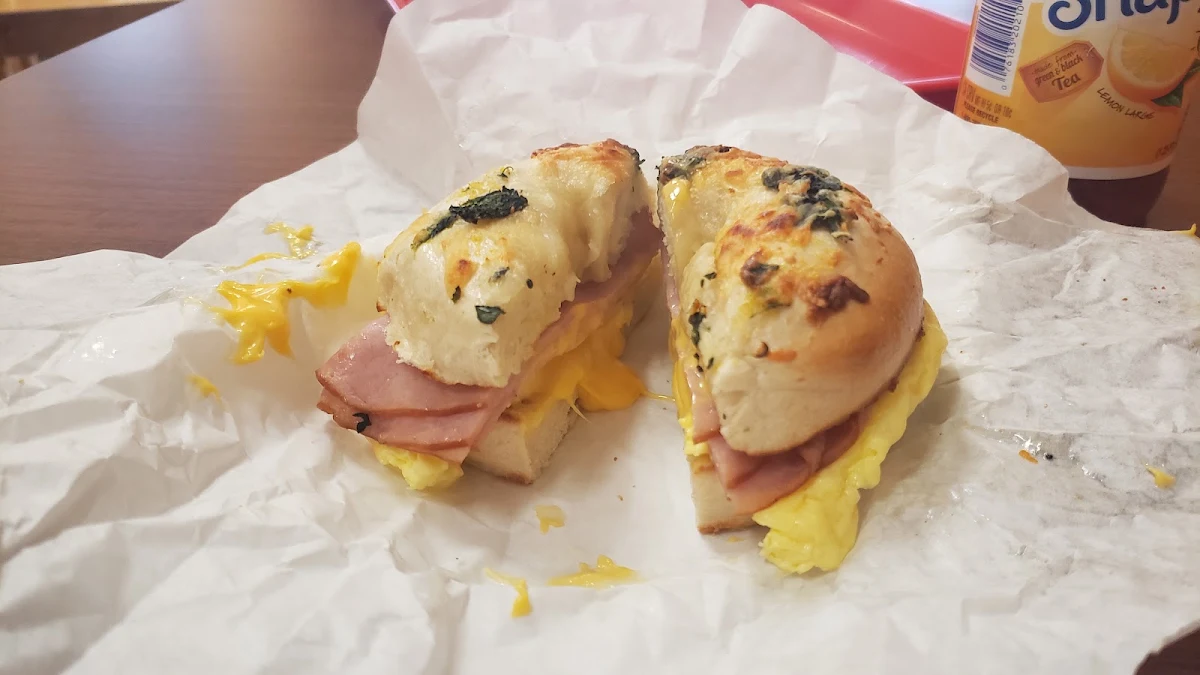 Ham Egg Cheese on a Spinach Asiago Bagel