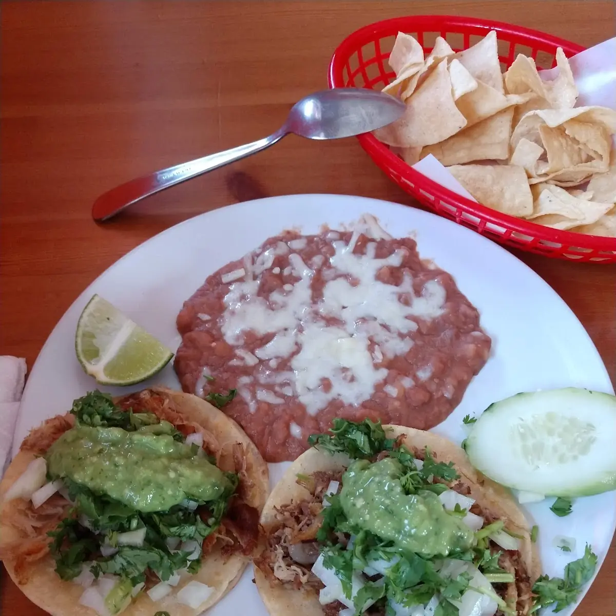 Carnitas Tacos and Refried Beans