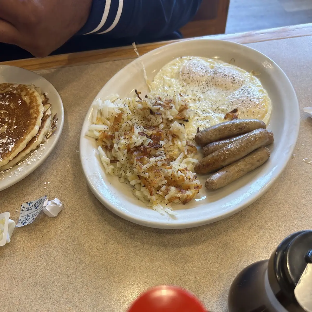 Pancakes Scrambled Eggs and Turkey Sausage