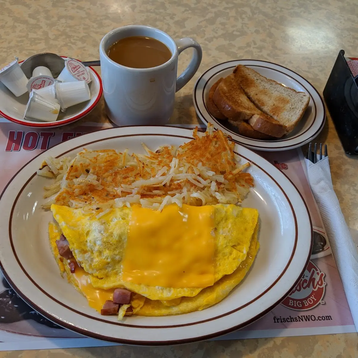 Coffee Hash Browns Bacon and Cheese Omelette
