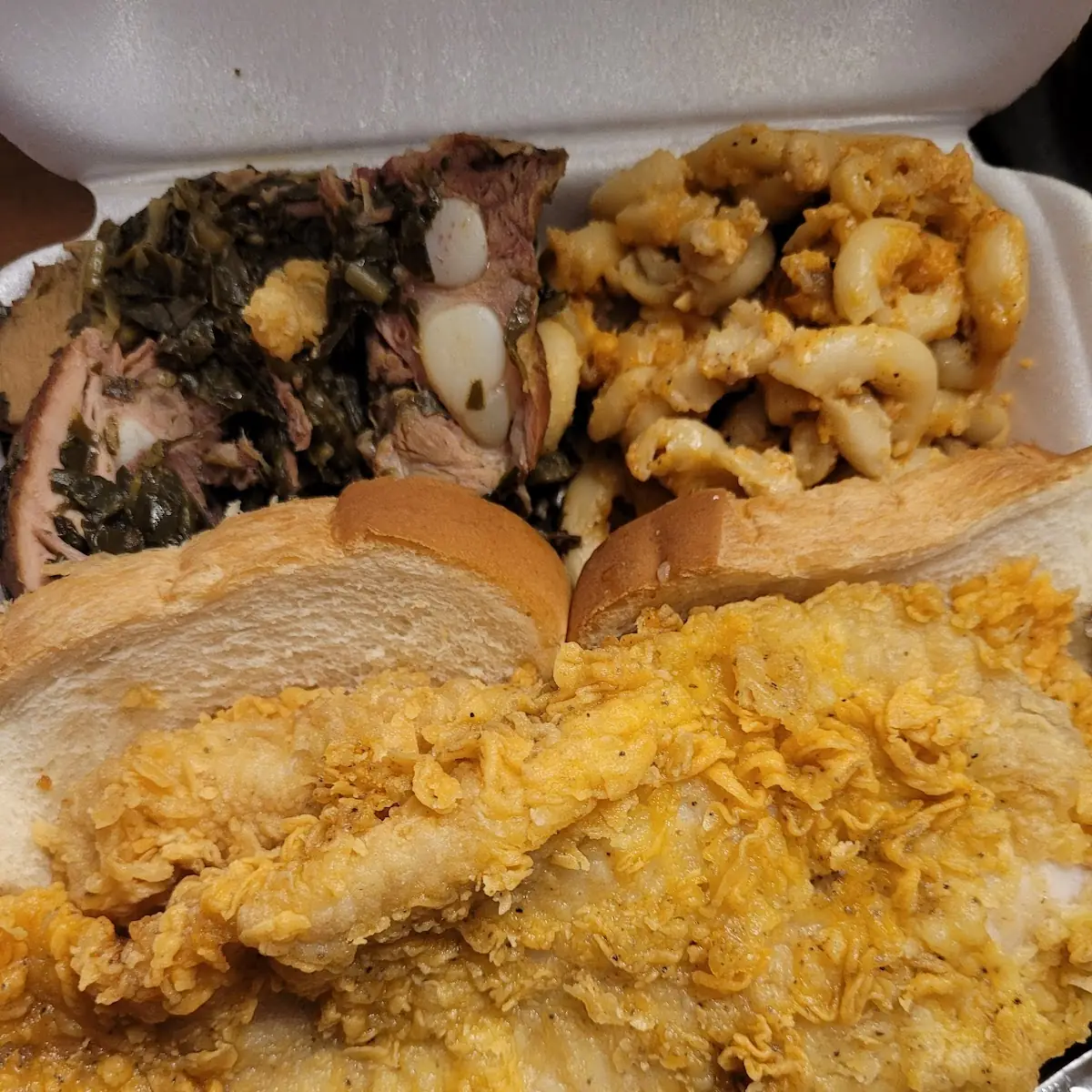 Fried Whiting Collard Greens Mac and Cheese