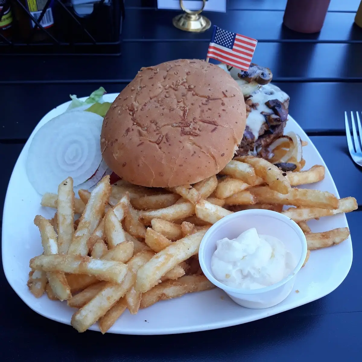 Mushroom Burger and Onion Rings