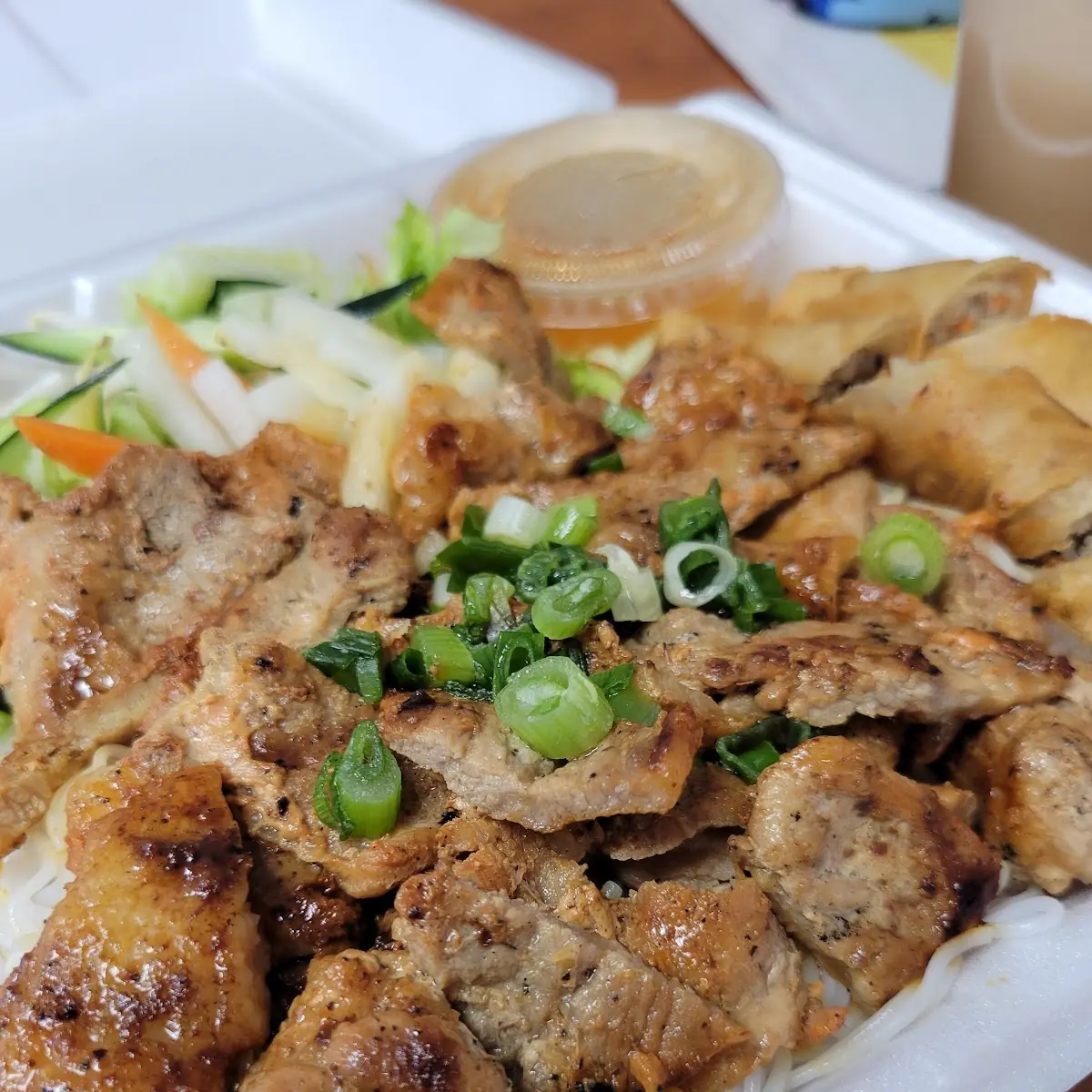 Bun with BBQ Pork & Egg Rolls Milk Tea with Boba