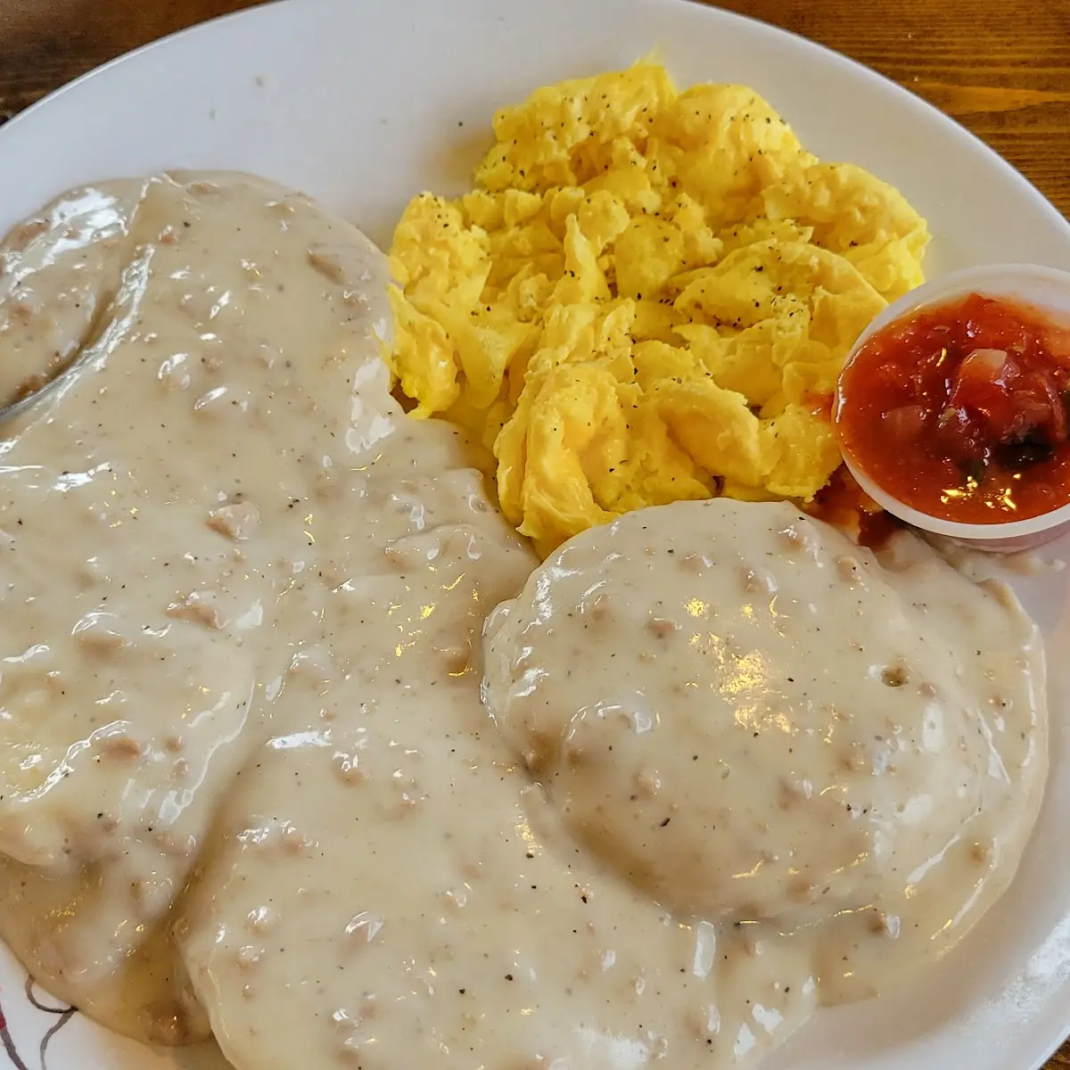 Scrambled Eggs and Biscuits and Sausage Gravy