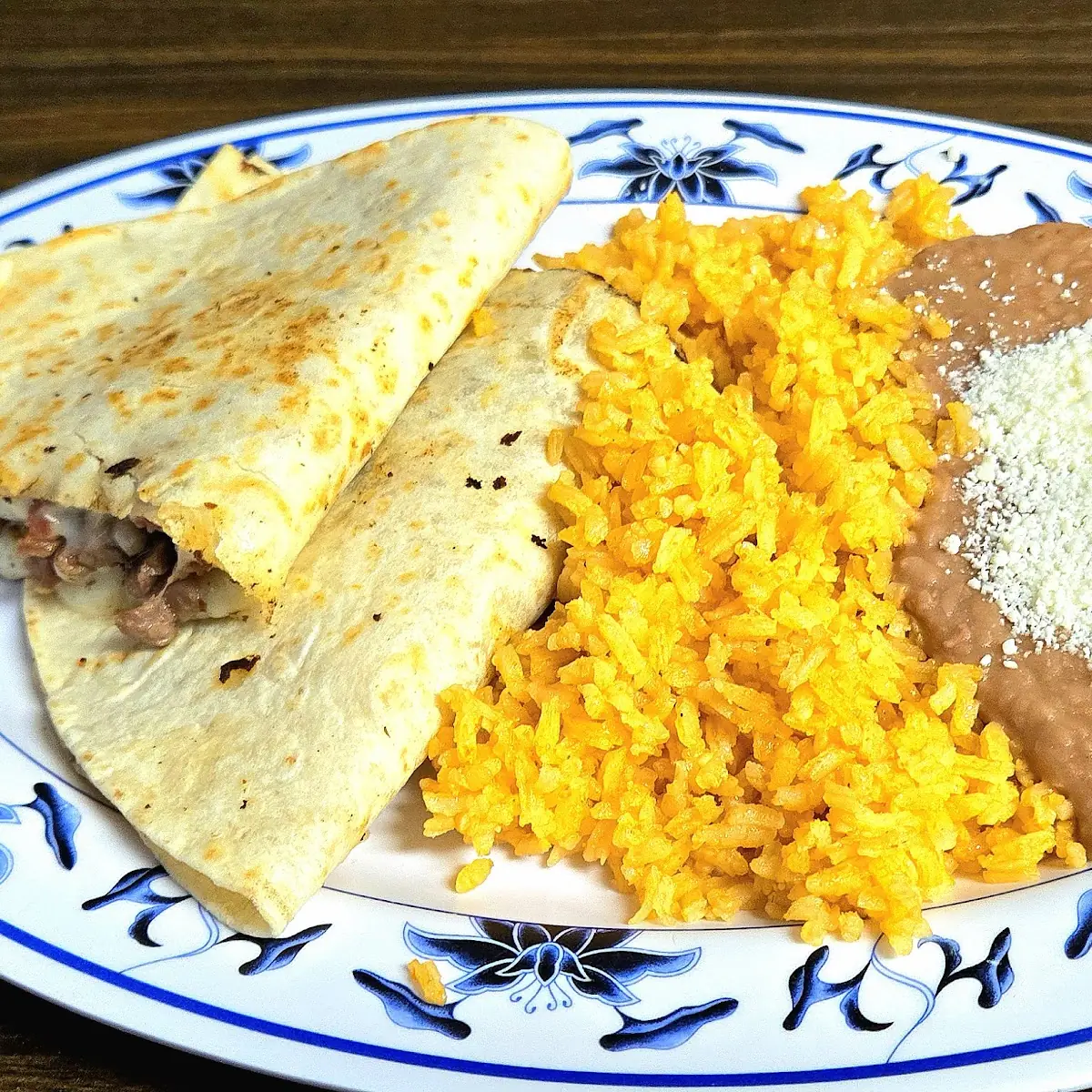Steak Quesadilla with Rice and Beans