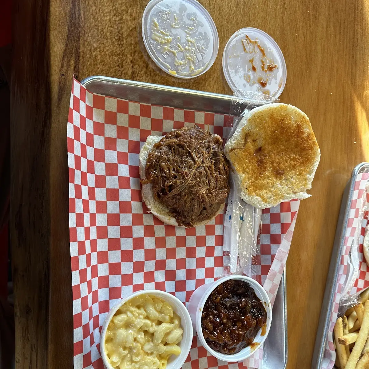 Pulled Pork Sandwich Baked Beans and Mac and Cheese