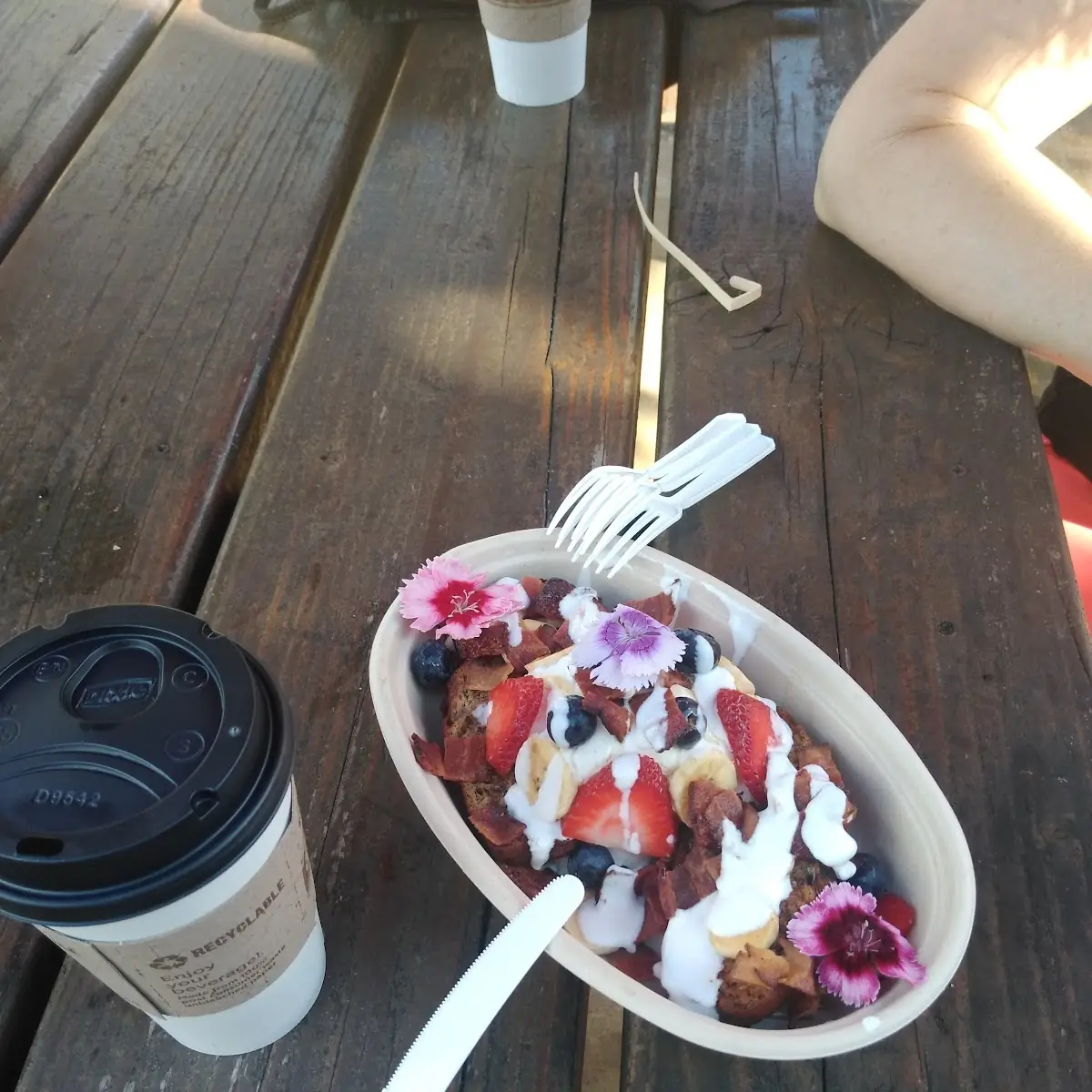 Banana Bread with Bacon Fresh Fruit Whipping Cream Topped with Maple Syrup