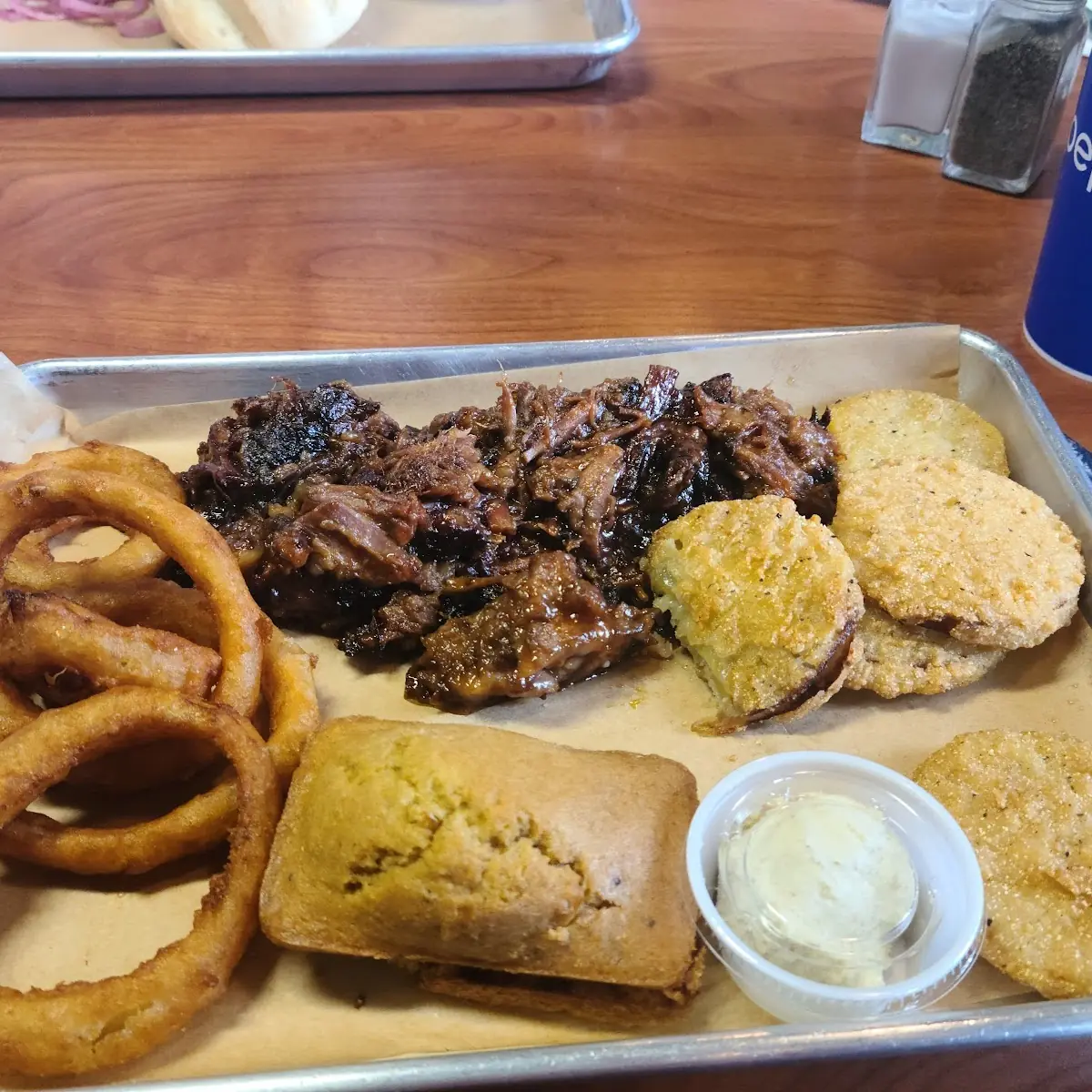 2 Meats Cornbread Onion Rigs and Fried Green Tomatoes