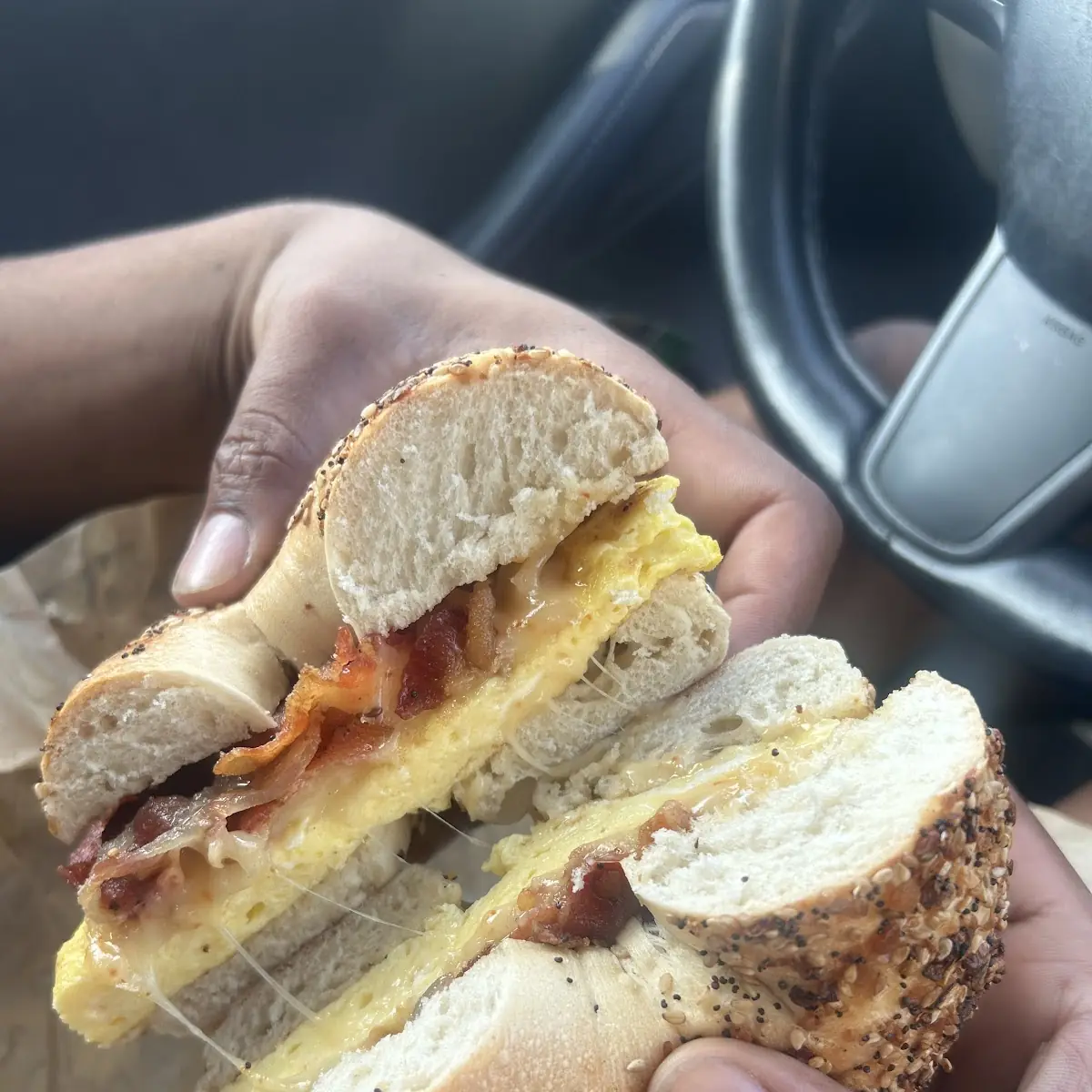 Poppy Seed Bagel with Egg and Bacon