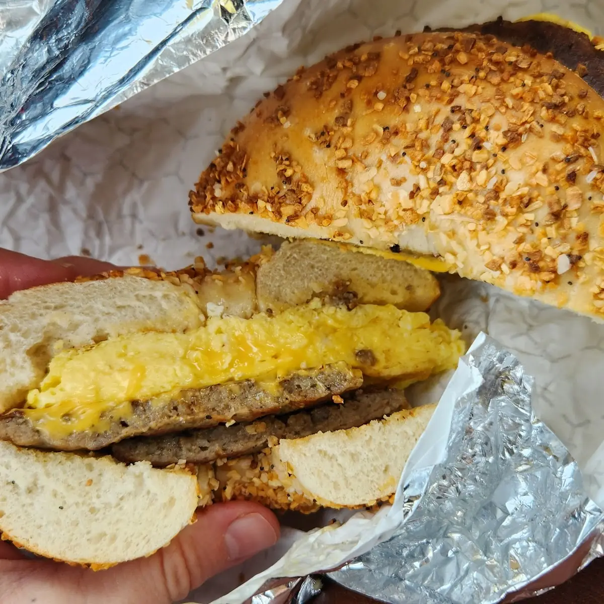 Sausage Egg and Cheese on Everything Bagel